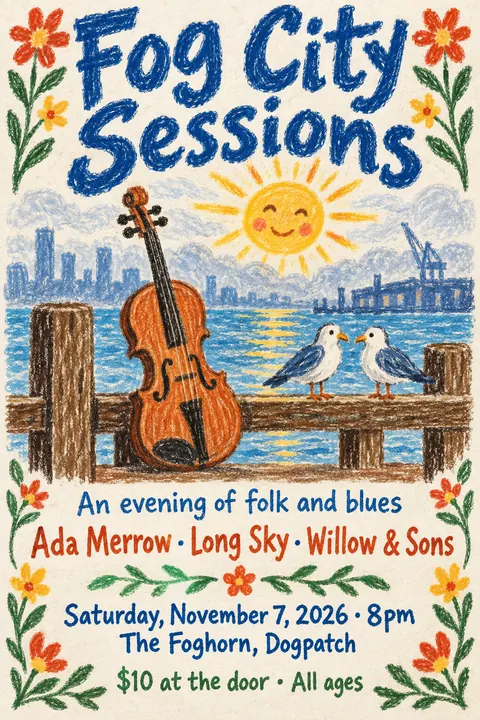 Crayon Folk Handmade style poster for a fictional event called Fog City Sessions