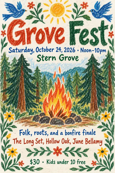 Crayon Folk Handmade style event poster for a fictional festival: Grove Fest