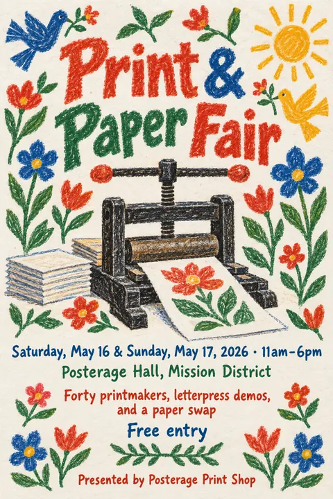 Crayon Folk Handmade style poster for a fictional event called Print & Paper Fair