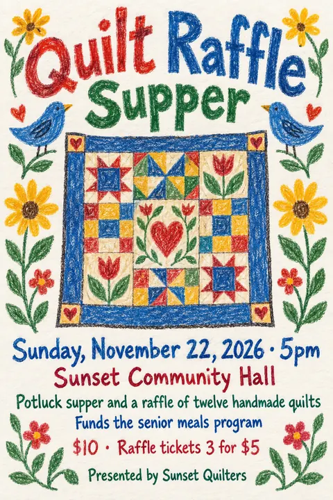 Crayon Folk Handmade style event poster for a fictional fundraiser: Quilt Raffle Supper