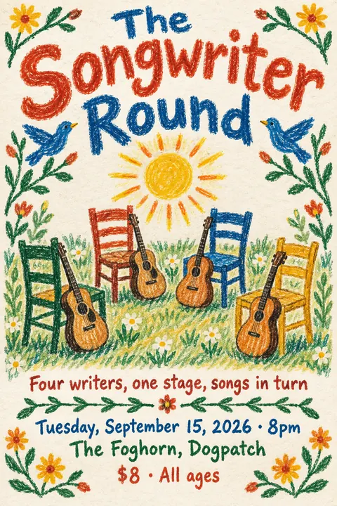 Crayon Folk Handmade style poster for a fictional event called The Songwriter Round