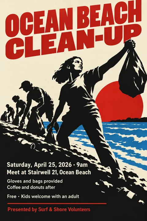 Cuban OSPAAAL Revolutionary style poster for a fictional event called Ocean Beach Clean-up