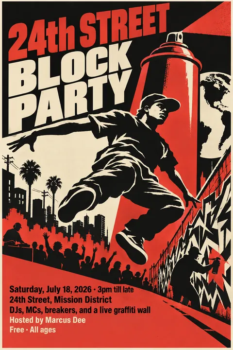 Cuban OSPAAAL Revolutionary style poster for a fictional event called 24th Street Block Party