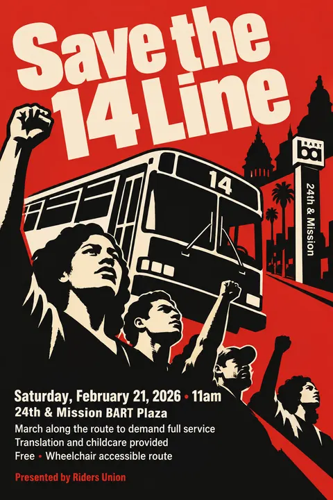 Cuban OSPAAAL Revolutionary style event poster for a fictional protest: Save the 14 Line