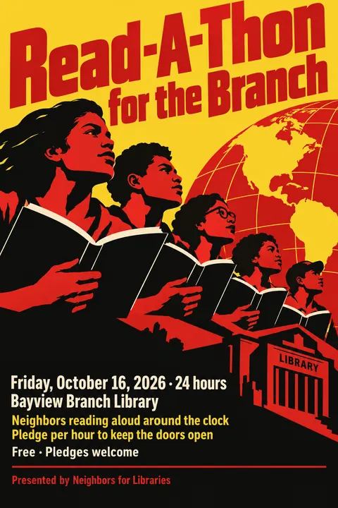 Cuban OSPAAAL Revolutionary style event poster for a fictional fundraiser: Read-A-Thon for the Branch