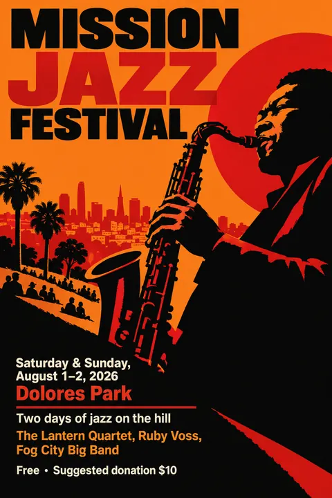 Cuban OSPAAAL Revolutionary style event poster for a fictional festival: Mission Jazz Festival