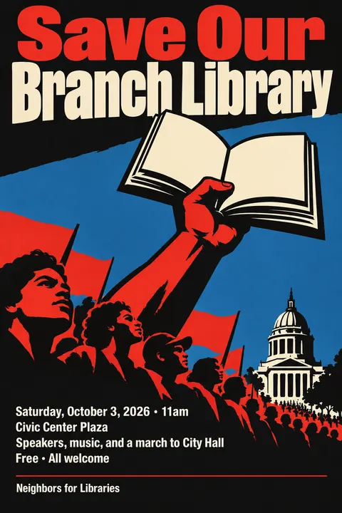 Cuban OSPAAAL Revolutionary style poster for a fictional event called Save Our Branch Library