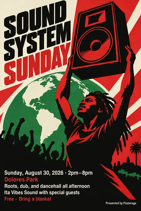 Cuban OSPAAAL Revolutionary style poster for a fictional event called Sound System Sunday