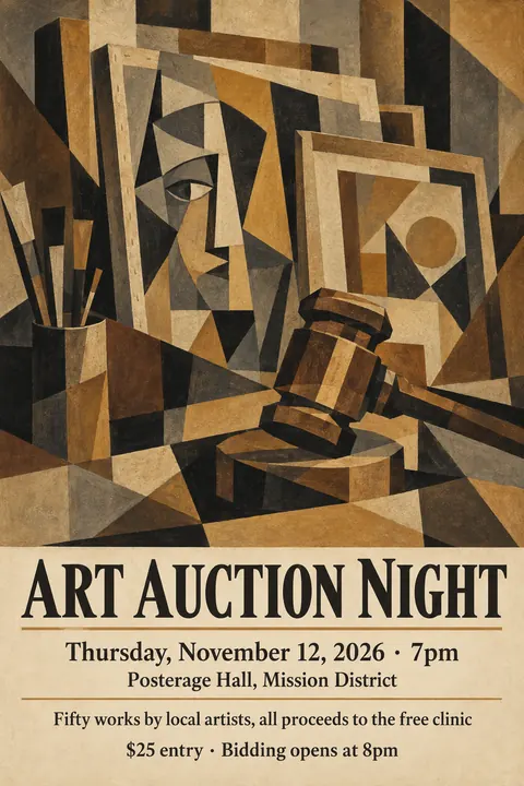 Cubist Exhibition Poster (1940s framing (Cubism 1907–1920s)) style event poster for a fictional fundraiser: Art Auction Night