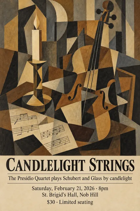 Cubist Exhibition Poster (1940s framing (Cubism 1907–1920s)) style poster for a fictional event called Candlelight Strings