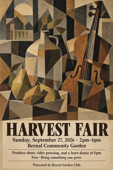 Cubist Exhibition Poster (1940s framing (Cubism 1907–1920s)) style poster for a fictional event called Harvest Fair