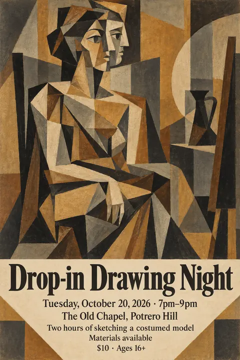 Cubist Exhibition Poster (1940s framing (Cubism 1907–1920s)) style poster for a fictional event called Drop-in Drawing Night