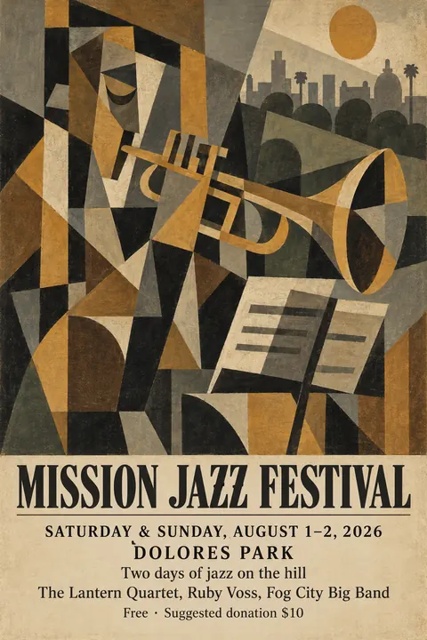 Cubist Exhibition Poster (1940s framing (Cubism 1907–1920s)) style event poster for a fictional festival: Mission Jazz Festival