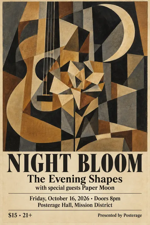 Cubist Exhibition Poster (1940s framing (Cubism 1907–1920s)) style poster for a fictional event called Night Bloom
