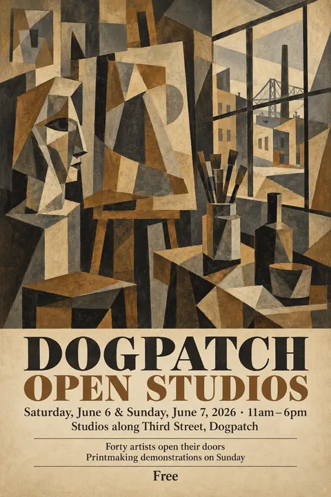 Cubist Exhibition Poster (1940s framing (Cubism 1907–1920s)) style poster for a fictional event called Dogpatch Open Studios