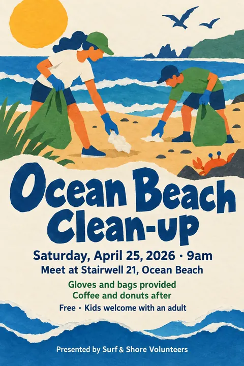 Cut paper style poster for a fictional event called Ocean Beach Clean-up