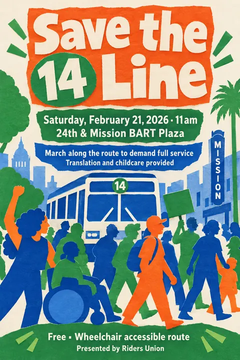 Cut paper style event poster for a fictional protest: Save the 14 Line