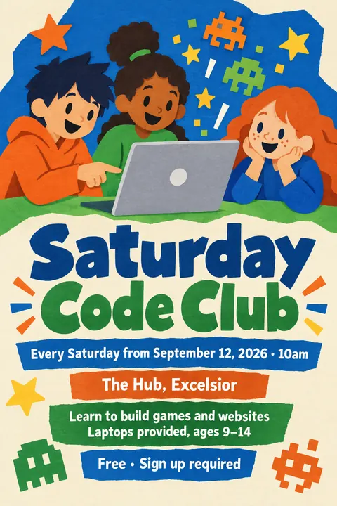 Cut paper style poster for a fictional event called Saturday Code Club