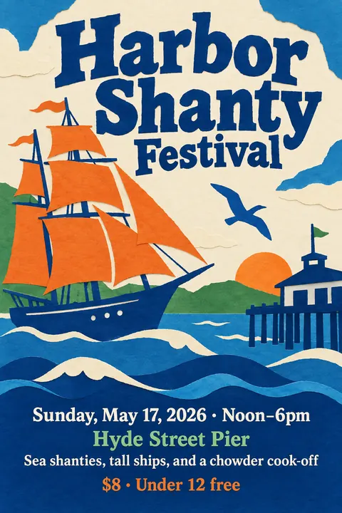 Cut paper style event poster for a fictional festival: Harbor Shanty Festival