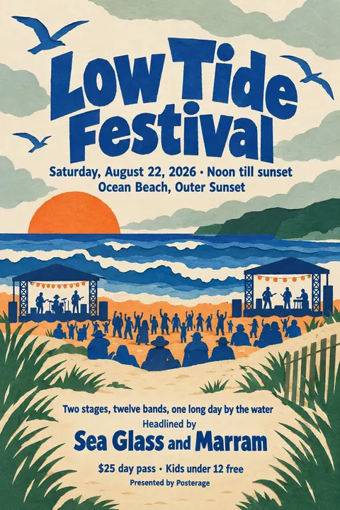 Cut paper style poster for a fictional event called Low Tide Festival