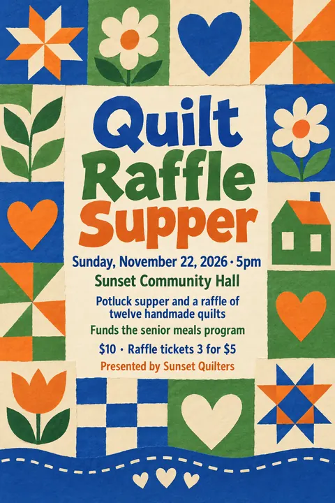 Cut paper style event poster for a fictional fundraiser: Quilt Raffle Supper