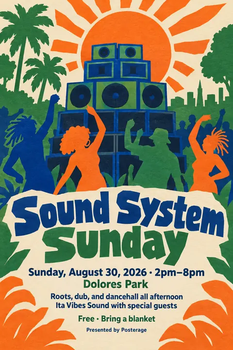Cut paper style poster for a fictional event called Sound System Sunday