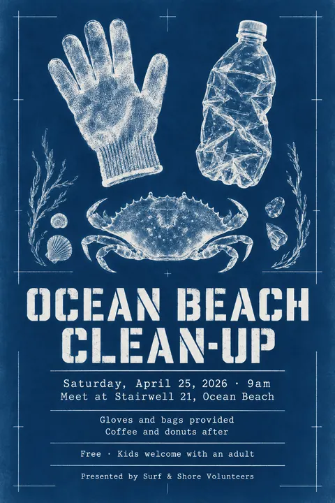 Cyanotype / Blueprint style poster for a fictional event called Ocean Beach Clean-up