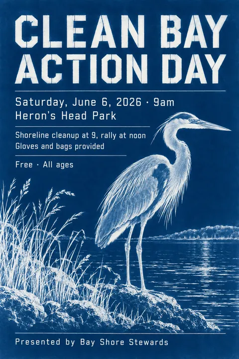 Cyanotype / Blueprint style event poster for a fictional protest: Clean Bay Action Day