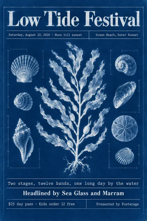 Cyanotype / Blueprint style poster for a fictional event called Low Tide Festival