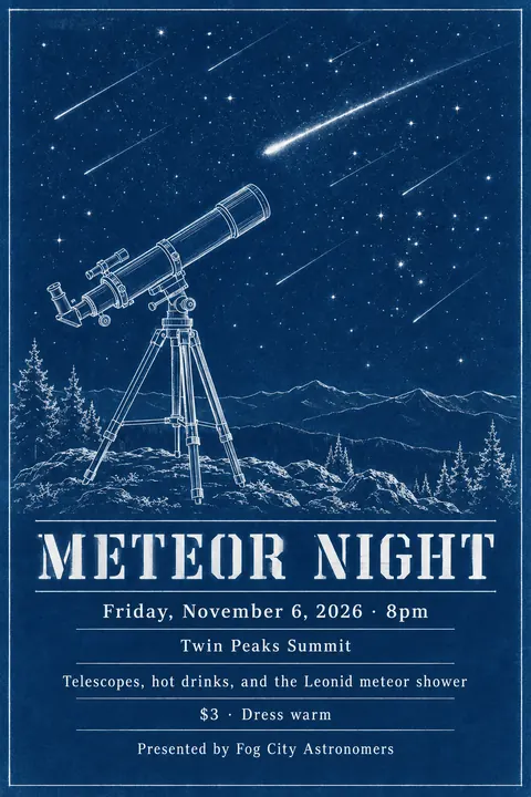 Cyanotype / Blueprint style poster for a fictional event called Meteor Night