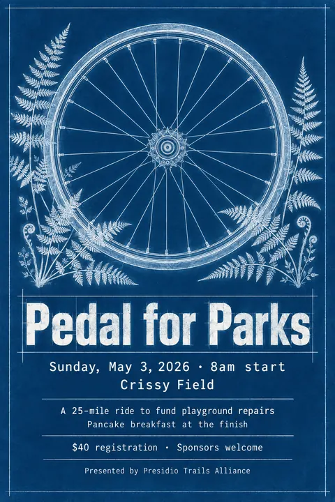 Cyanotype / Blueprint style event poster for a fictional fundraiser: Pedal for Parks