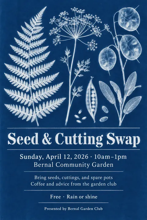 Cyanotype / Blueprint style poster for a fictional event called Seed & Cutting Swap