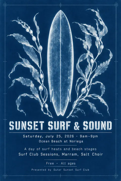 Cyanotype / Blueprint style event poster for a fictional festival: Sunset Surf & Sound