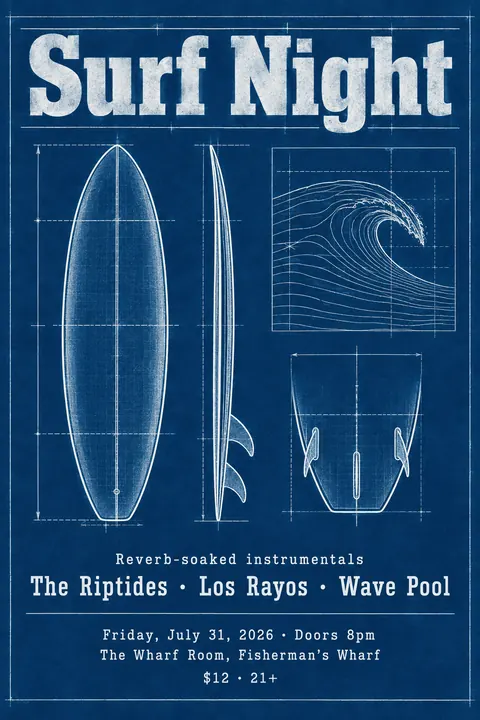Cyanotype / Blueprint style poster for a fictional event called Surf Night