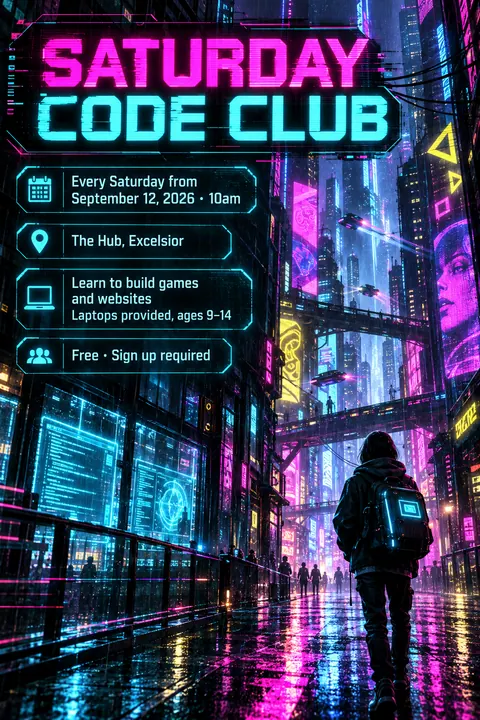 Cyberpunk style event poster for a fictional community: Saturday Code Club