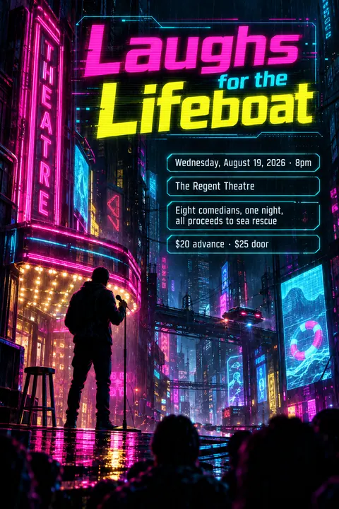 Cyberpunk style event poster for a fictional fundraiser: Laughs for the Lifeboat