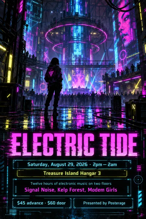 Cyberpunk style event poster for a fictional festival: Electric Tide