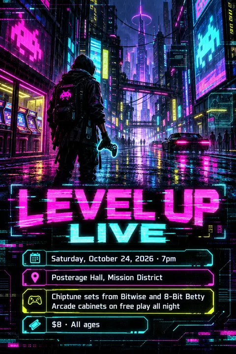 Cyberpunk style event poster for a fictional music: Level Up Live