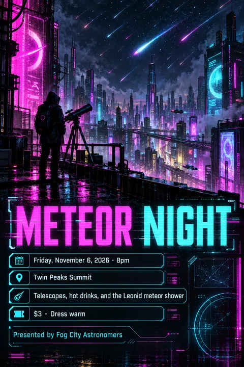 Cyberpunk style event poster for a fictional community: Meteor Night