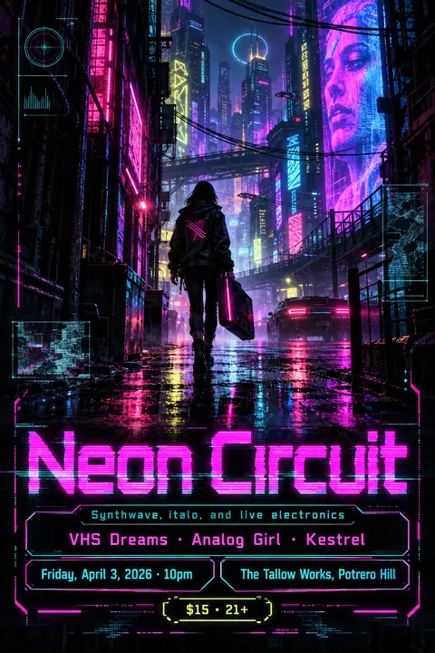 Cyberpunk style event poster for a fictional music: Neon Circuit