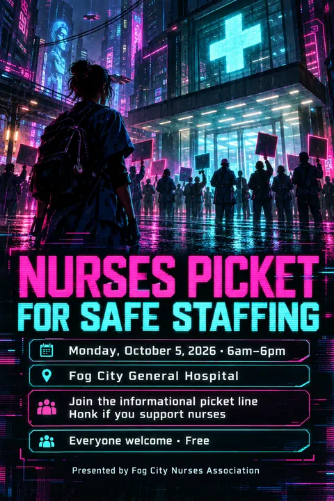 Cyberpunk style event poster for a fictional protest: Nurses Picket for Safe Staffing