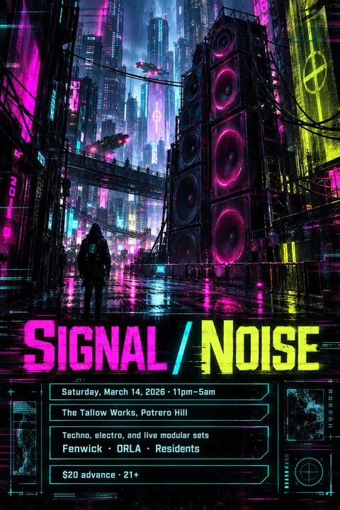 Cyberpunk style event poster for a fictional music: Signal / Noise