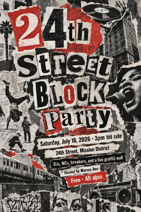 Dada Collage style poster for a fictional event called 24th Street Block Party