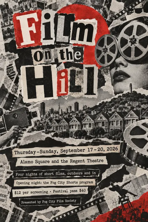 Dada Collage style event poster for a fictional festival: Film on the Hill