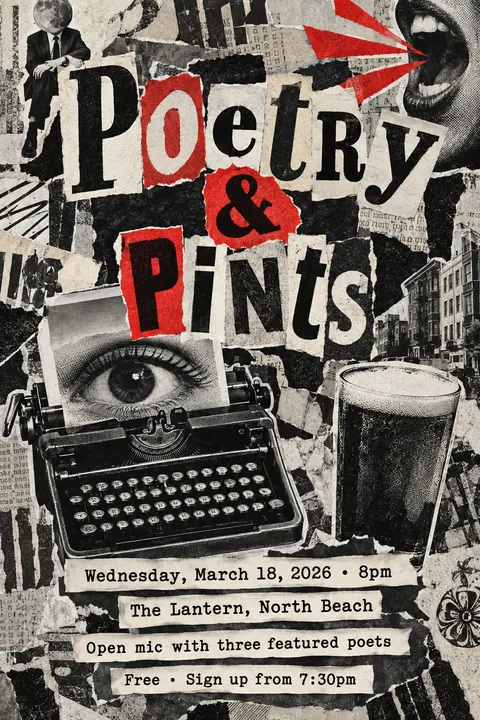 Dada Collage style poster for a fictional event called Poetry & Pints