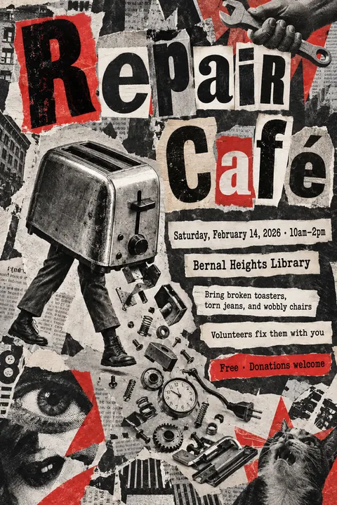 Dada Collage style poster for a fictional event called Repair Café