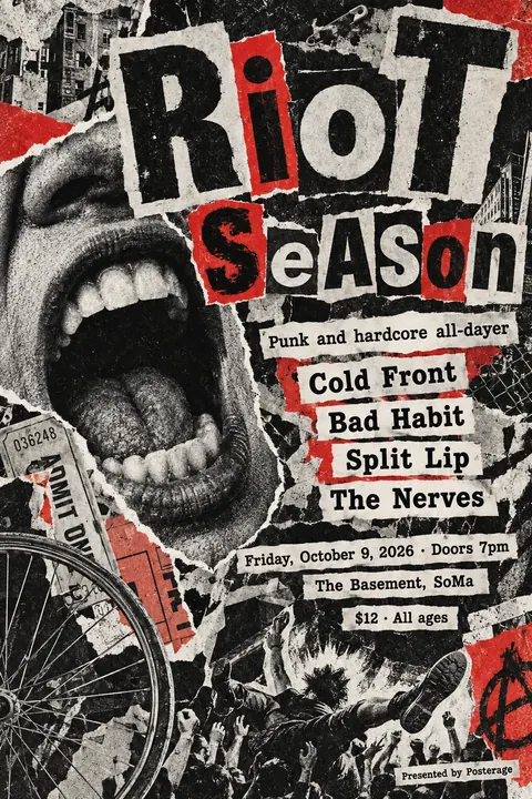 Dada Collage style poster for a fictional event called Riot Season
