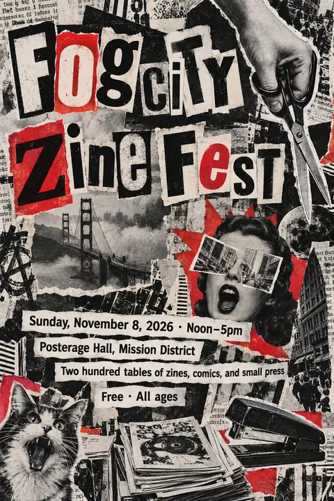 Dada Collage style poster for a fictional event called Fog City Zine Fest