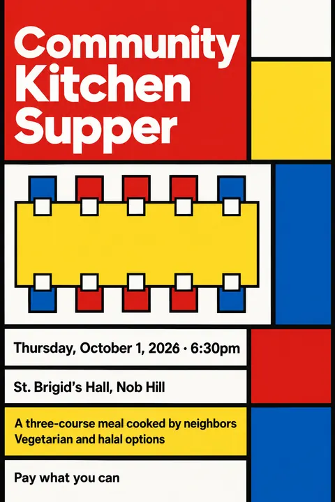 De Stijl style poster for a fictional event called Community Kitchen Supper