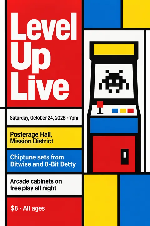 De Stijl style poster for a fictional event called Level Up Live